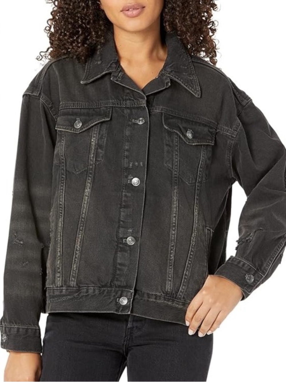 Free People Jolene Trucker Jean Jacket Denim Washed Black Small